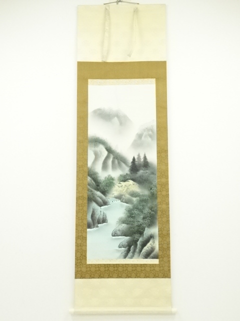 青峰筆　彩色山水　肉筆紙本掛軸（共箱）